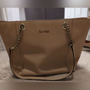 CALVIN KLEIN  LEATHER CHAIN TRIMMED TOTE BAG LARGE HANDBAG BROWN GOLD